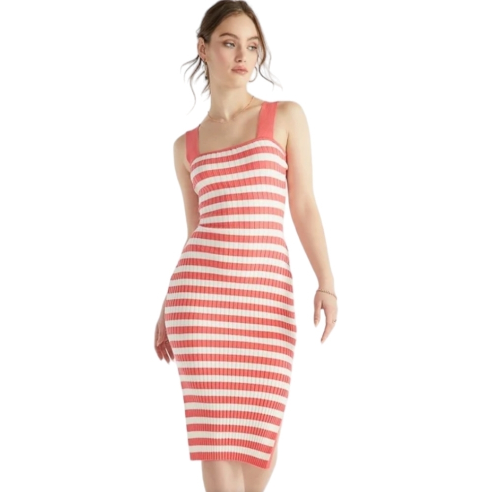 Thick strap coral/marshmallow white stripe bodycon midi dress size L, XXL